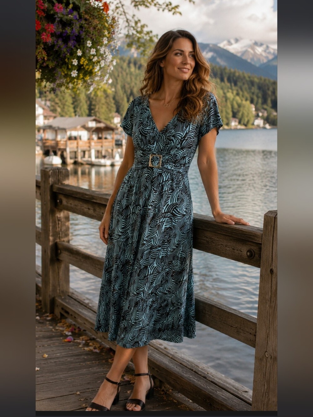 Dressbarn Size 6 Teal Black Abstract Print Belted Midi Dress V-Neck